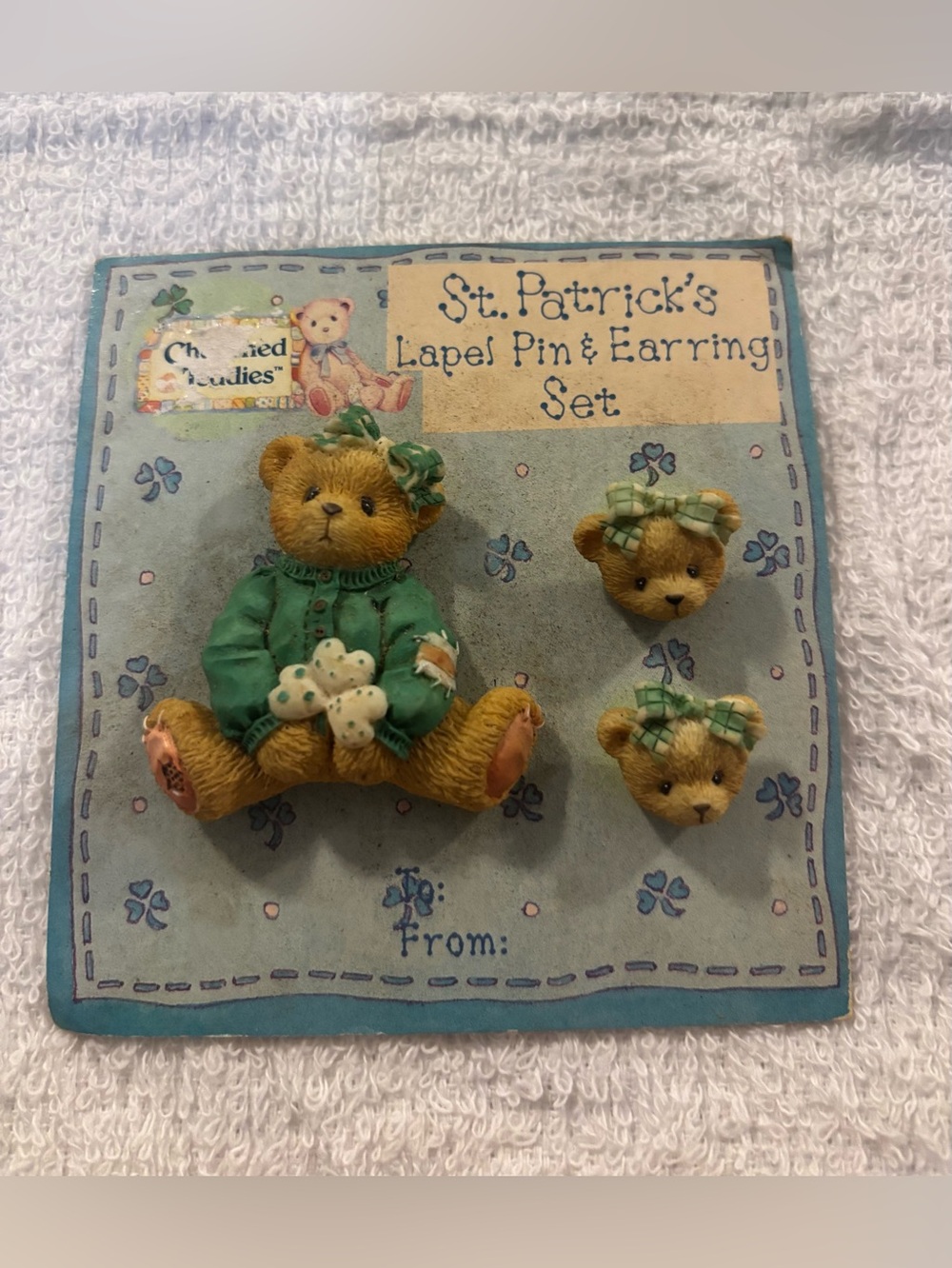 Vintage 1993 Enesco Cherished Teddies St. Patrick’s lapel pin and earring set